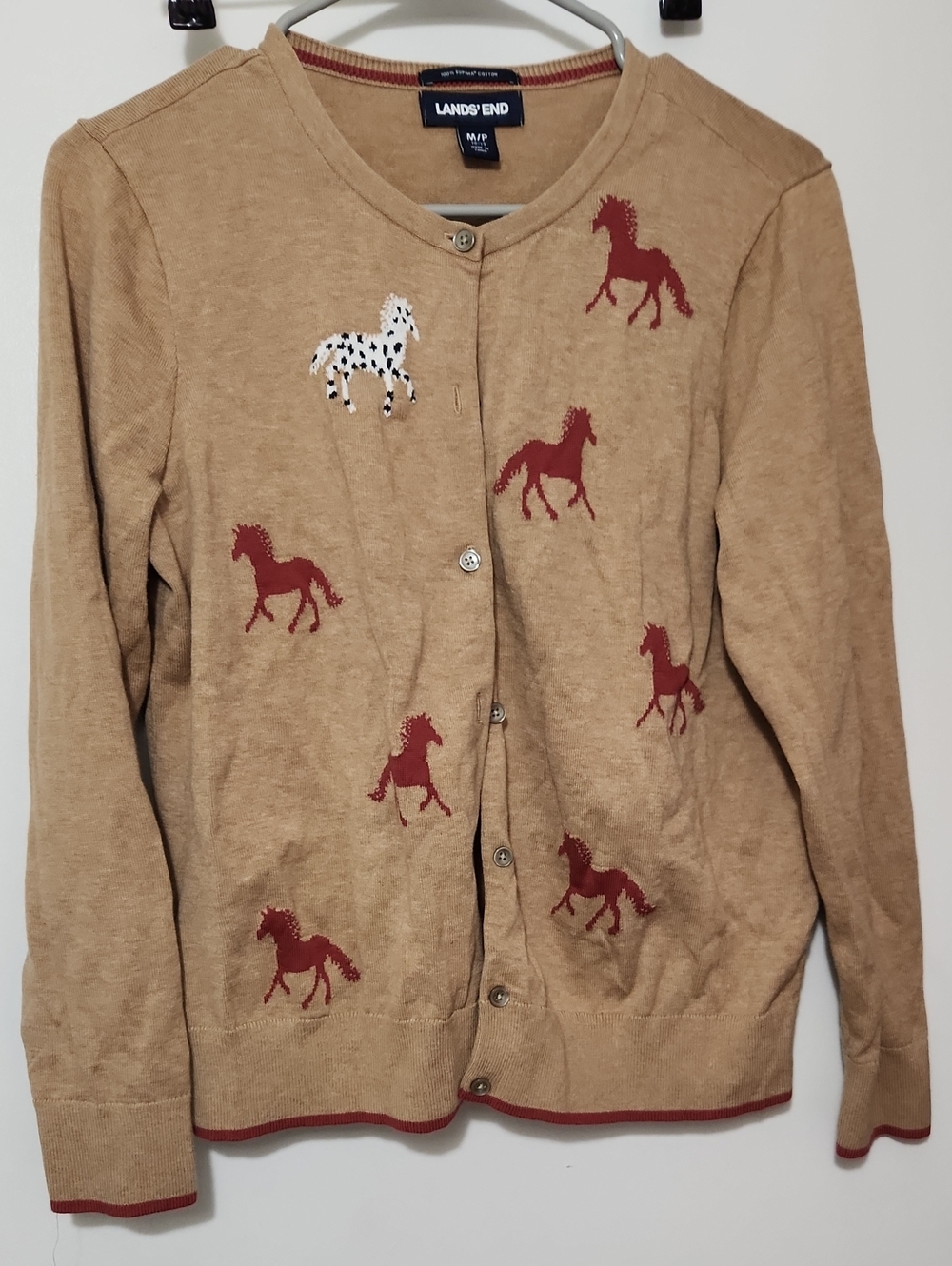 Lands' End Women's Horses Cardigan Sweater. 100% Cotton. Sz 10-12 M/P